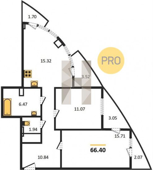 Двухкомнатная квартира 66.4 м²