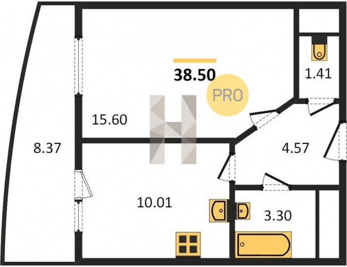 Однокомнатная квартира 38.5 м²