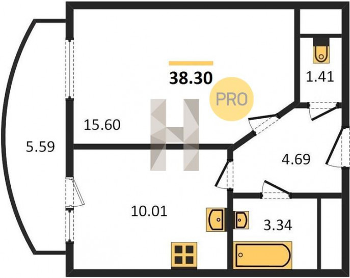 Однокомнатная квартира 38.3 м²