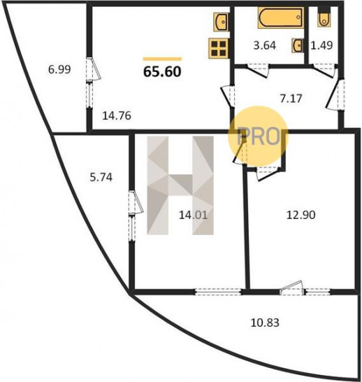 Двухкомнатная квартира 65.6 м²