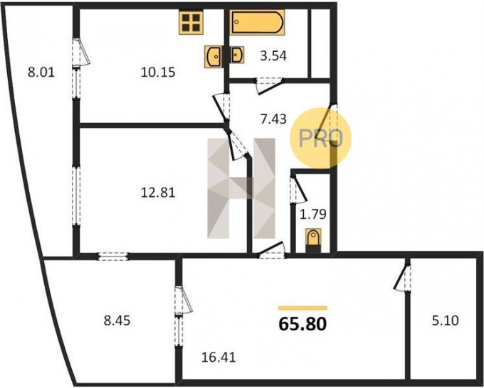 Двухкомнатная квартира 65.8 м²