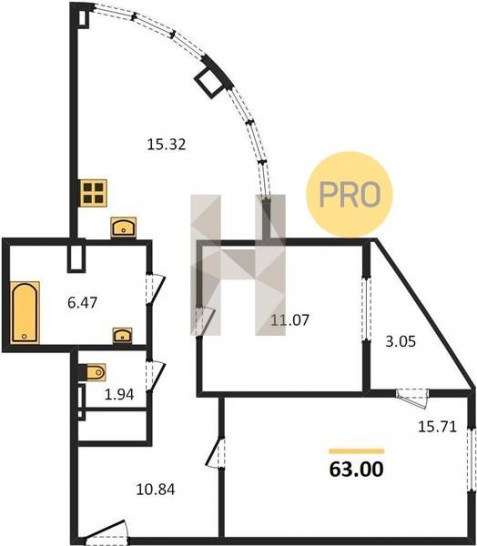 Двухкомнатная квартира 63 м²