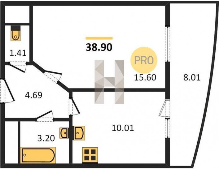 Однокомнатная квартира 38.9 м²